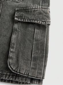 ROMWE Grunge Punk Unisex Punk Street Style Star Design 3D Pocket Distressed Washed Denim Bermuda Shorts With Wide Leg, School - Black - View 3