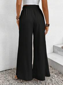 SHEIN Frenchy Vacation And Leisure Solid Color Split Tied Loose Wide Leg Pants Chic Black Summer Casual - Black - View 2