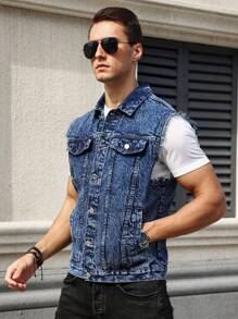 Manfinity Homme 男款暗扣牛仔夾克，棉質純色藍色假期復古男友禮物 - 深色水洗藍 - 查看 4