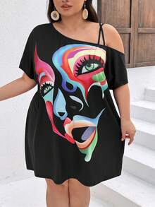 SHEIN CURVE+ Kích thước lớn Ngắn tay Khuôn mặt hoạt hình In Đầm giản dị - Nhiều màu - Xem 3