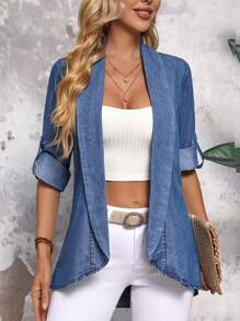 SHEIN LUNE Women Spring/Summer Loose And Casual Denim Jacket, With Rolled-Up Sleeves, Asymmetric Hem, Shawl Collar, And Open Front Design - Blue - View 6