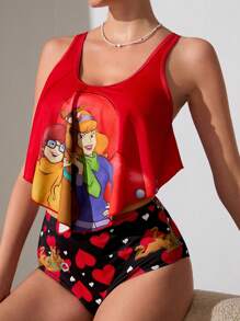 SCOOBY-DOO X SHEIN Conjunto de tankini de verano con estampado de corazón rojo de dibujos animados para mujer - Rojo - Ver 5