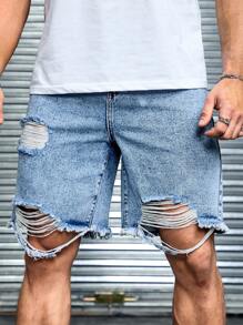 Manfinity LEGND Men Light Blue Distressed Loose Denim Shorts Plain Denim Jorts Vacation Baggy Light Blue Denim Shorts, For Husband, Boyfriend Gifts Going Out Urban Hang Out Street Vacation - Light Wash - View 6