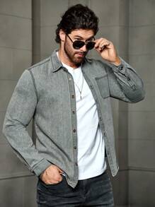 Manfinity Homme Men Light Grey Denim Casual Shirt