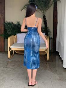 DAZY 女士无袖休闲复古风几何印花吊带连衣裙，适合度假穿着 - 藍色 - 查看 2