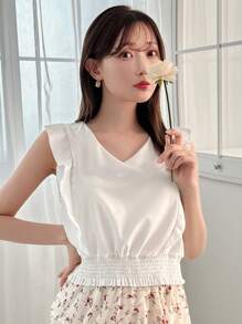 FRIFUL Versatile Simple Daily Cropped Cap Sleeve Shirt,Ruffle