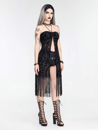 Goth Damen Halter Neck Tank Top mit Paisley Muster, dunkler Urlaub-Stil im Plüsch Mesh-Netz und in langem Schnitt