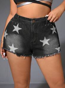 SHEIN ICON Plus Size Women Simple Five-Pointed Star Print Casual Denim Shorts - Black - View 4