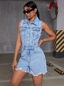 SHEIN ICON Ladies Simple Sleeveless Ripped Raw Edge Denim Romper, Water Wash - Light Wash - View 4