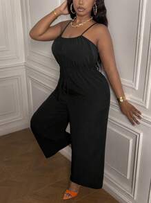 Slaydiva Plus Size Thường ngày & Kỳ nghỉ Giải trí Bộ áo liền quần dây rút không tay màu trơn cho nữ - I - màu đen - Xem 5