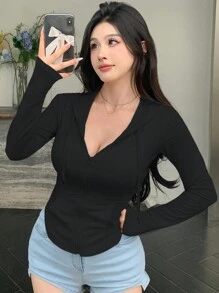 DAZY Women Fashion Solid Color Long Sleeve V-Neck T-Shirt,Long Sleeve Tops,Back To School Clothes Hoodie,Fall Women Clothes Sweatshirt Jacket