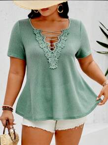 Calvaya Plus Size Women's Fashion Solid Color Lace Short Sleeve T-Shirt