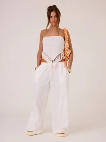 MUSERA Summer Vacation Shirred Tassel Hem Bandeau Top Summer Ibiza
