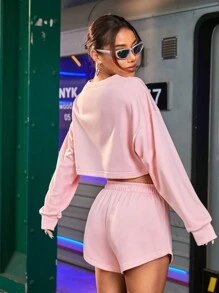 Streetz SHEIN Sport Women Spring And Summer Casual Digital Print Short Crop Sweatshirt And Shorts Sports Set - Pink - View 7