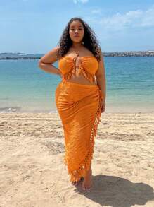 SHEIN SXY 度假装 海滩度假装 度假装 女士度假服 女士夏季服装 女士纹理面料流苏高侧开衩裙和短款上衣 两件套度假装，波西米亚风度假装