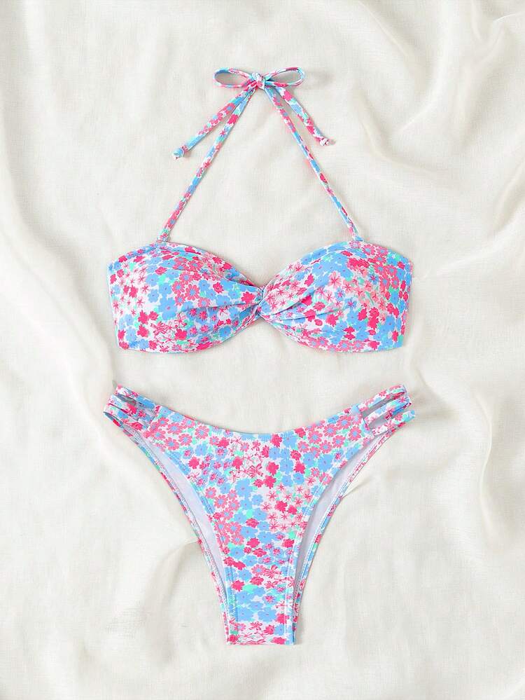 Women Floral Print Vacation Bikini Set With Twisted Knot Design And Halter Neck Strap Summer