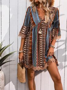 SHEIN LUNE Women Vacation Loose Floral Print V-Neck Ruffled Sleeve Dress
