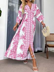 Breezaya Robe de plage longue décontractée pour vacances, imprimé floral, manches chauve-souris, ceinture à la taille, fente, tenue de vacances