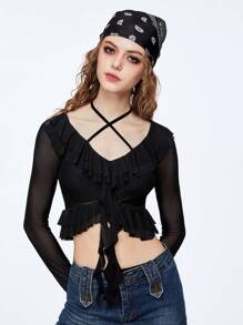 SHEINNeu Women's Y2K Black See-Through Mesh Top