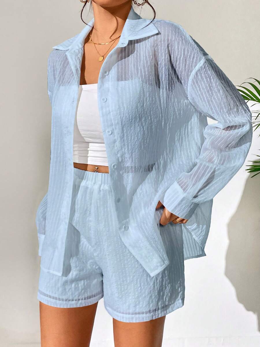 Chiquease Women Fashion Solid Color Long Sleeve Shirt And Shorts Set - Baby Blue - View 1