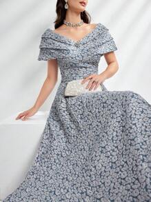 Modelyn Damen Sommer elegant Blumen Jacquard plissiertes Off-Shoulder langes Kleid Abendkleid