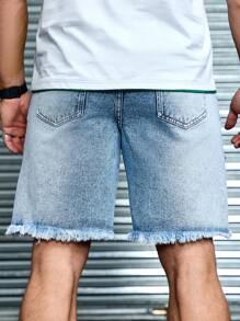 Manfinity Roughcore Men Light Blue Distressed Straight-Leg Denim Shorts - Light Wash - View 2