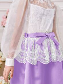 Tween Girl Two-Piece Set Of Round-Necked Lantern-Sleeved Mesh Embroidery Shirt And Detachable Waistband Skirt - Purple - View 6