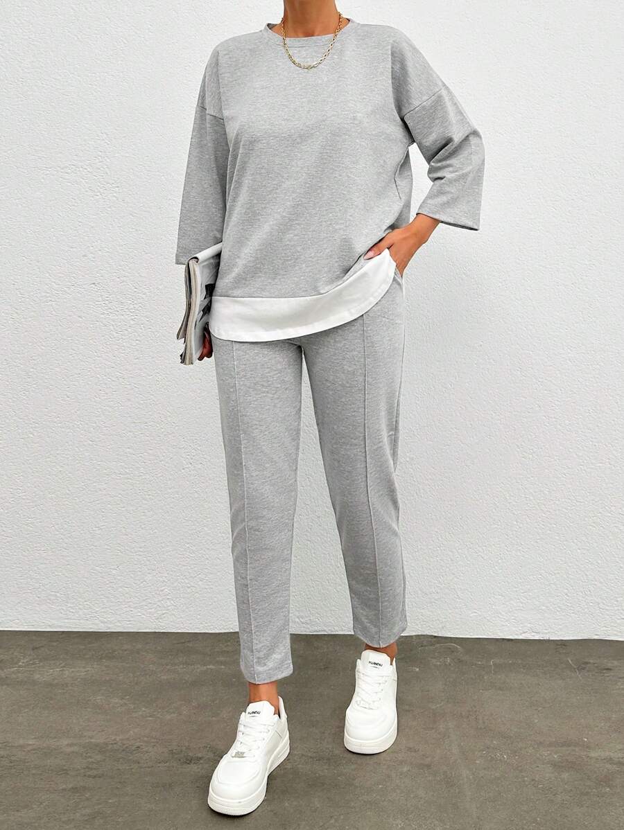 EURMUSE Drop Shoulder 2 In 1 Tee & Seam Detail Pants - Light Grey - View 1