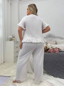 Plus Size Lace Splicing V-Neck Drawstring Short Sleeve Long Pants Pajama Set