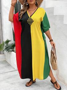 SHEIN VCAY Plus Size Women Boho Summer Vacation Color Block V Neck Batwing Sleeve Loose Long Casual Dress - Multicolor - View 3