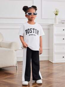 SHEIN Young Girl Knitted Solid Color Loose Letter Print Round Neck Casual T-Shirt And Knitted Color-Block Casual Loose Pants Two-Piece Set Kpop Outfit For Kidstrendy Outfit For Kidstrending Outfit For Young Girl