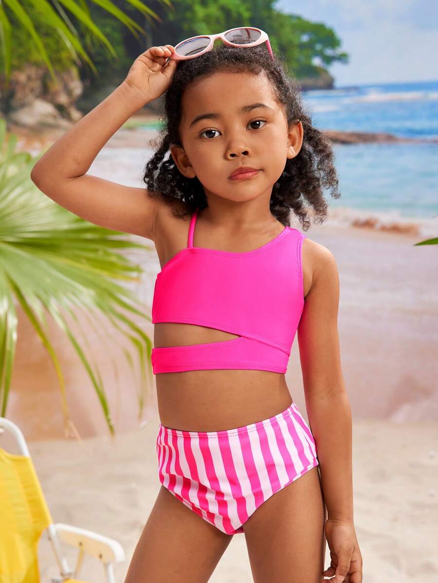 SHEIN 年轻女孩可爱条纹不对称领无袖比基尼套装夏季海滩 - 彩色 - 查看 1