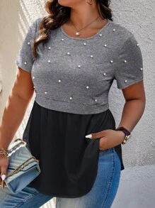 Calvaya Plus Size Solid Color Simple Short Sleeve T-Shirt With Stud Embellishment - Multicolor - View 6