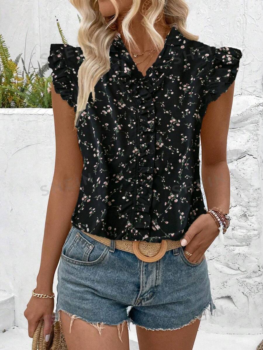 SHEIN LUNE Camisa suelta de verano para mujeres con cuello de pie adornado con volantes, estampado floral y mangas abullonadas con volantes
