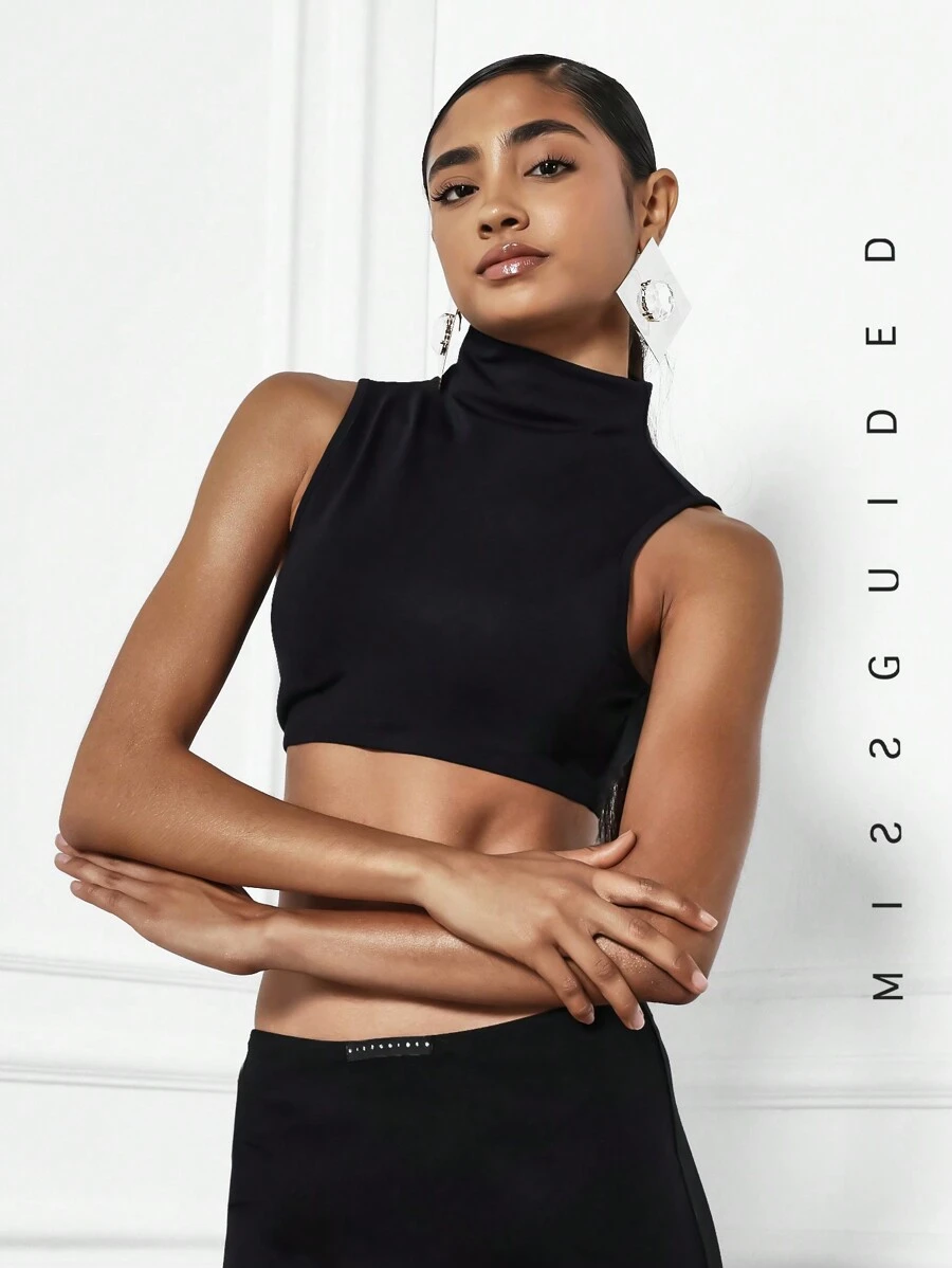 MISSGUIDED Jersey Stand Collar Sleeveless Crop Top - Black - View 1