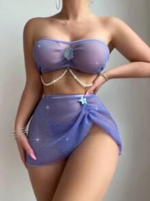 Romantic Strapless Beaded Decoration Swimsuit Top + Swimwear Bottom + See Through Pleated Split Skirt Sexy Lingerie 3-Piece Set Wireless For Rave