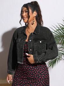 SHEIN VCAY Plus Size Nữ Xuân/Mùa Thu dáng rộng Áo khoác denim thông thường có vai trễ, tay dài và viền sờn - màu đen - Xem 3