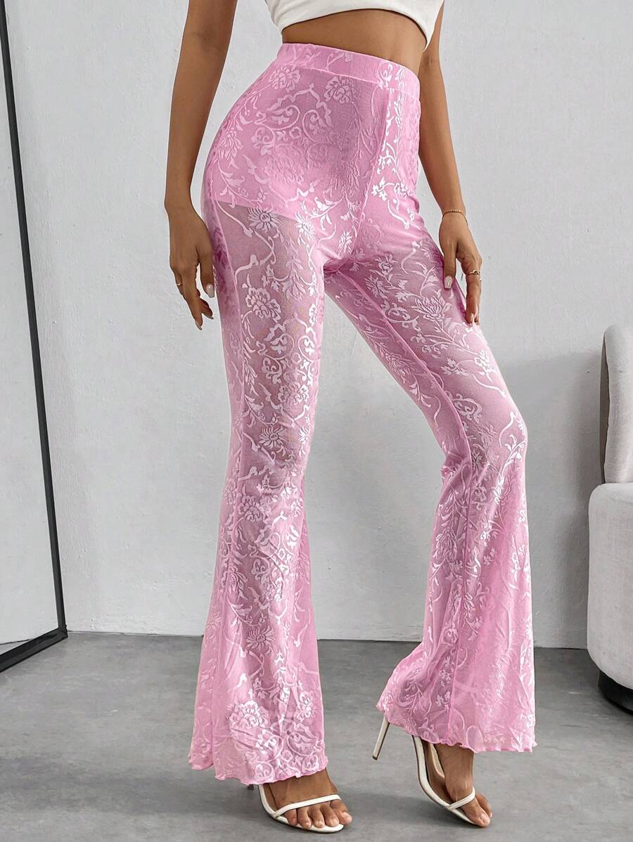SHEIN PETITE Women Elegant Floral Lace Flared Pants For Spring/Summer - Pink - View 1