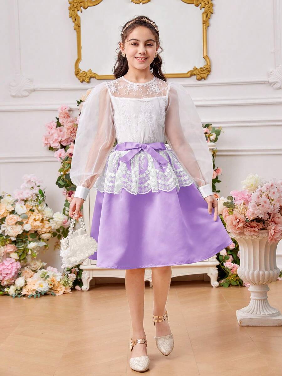 Tween Girl Two-Piece Set Of Round-Necked Lantern-Sleeved Mesh Embroidery Shirt And Detachable Waistband Skirt - Purple - View 1