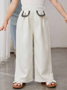 SHEIN Young Girl Woven Tapes Splicing Pleated Wide Leg Pants - White - View 5