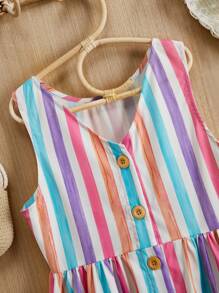 SHEIN 少女休閒春夏編織多彩條紋無袖連衣裙 - 彩色 - 查看 4