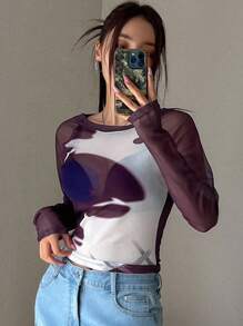 DAZY 女式不对称印花透视修身短款上衣长袖上衣