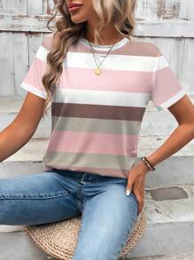 EMERY ROSE Striped Colorblock Short Sleeve Fitted T-Shirt, Casual Summer Style