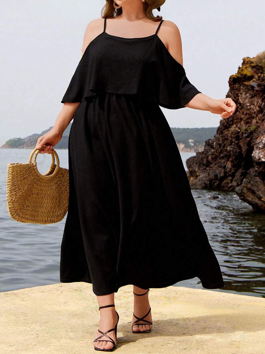 RueChic Plus Off Shoulder Overlay Dress - Black - View 1