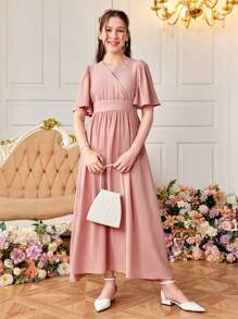 SHEIN 少女束腰A字型重疊領長袖度假裙 - 藕粉色 - 查看 3