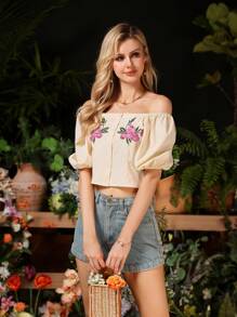 Aveloria French Elegant Embroidered Blouse With Square Neckline And Puff Sleeves