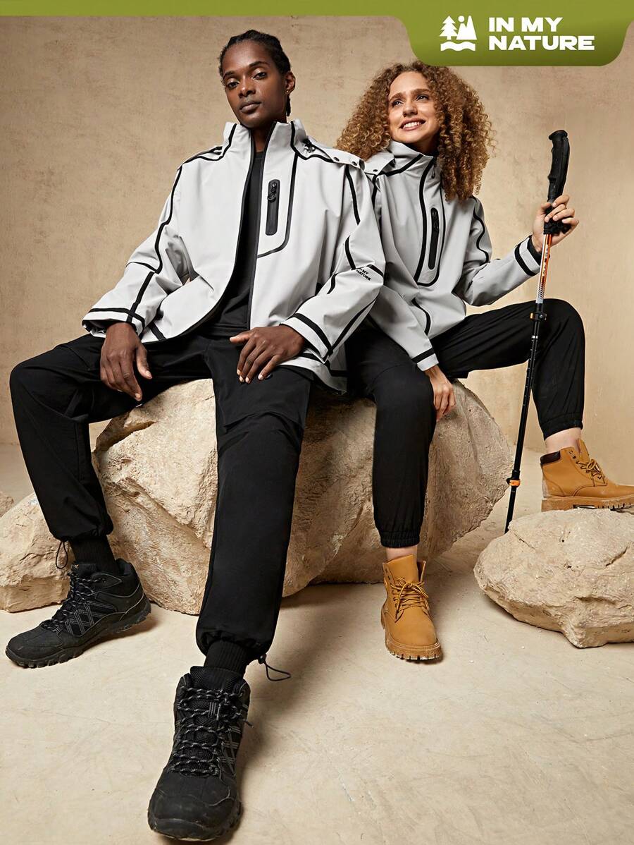 In My Nature 1入組拼接滾邊拉鏈開襟連帽戶外絕緣夾克