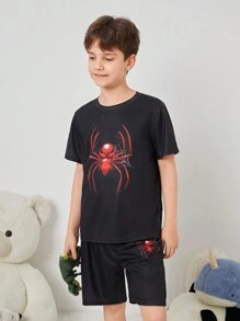 SHEIN 青少年男孩蜘蛛紋夏季休閒防火家居睡衣套裝 - 黑色 - 查看 5