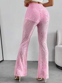 SHEIN PETITE Women Elegant Floral Lace Flared Pants For Spring/Summer - Pink - View 2