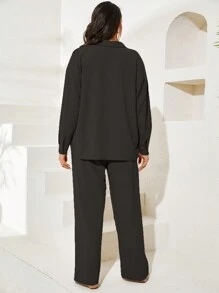 EURMUSE Plus Solid Button Front Shirt & Wide Leg Trousers - Black - View 2